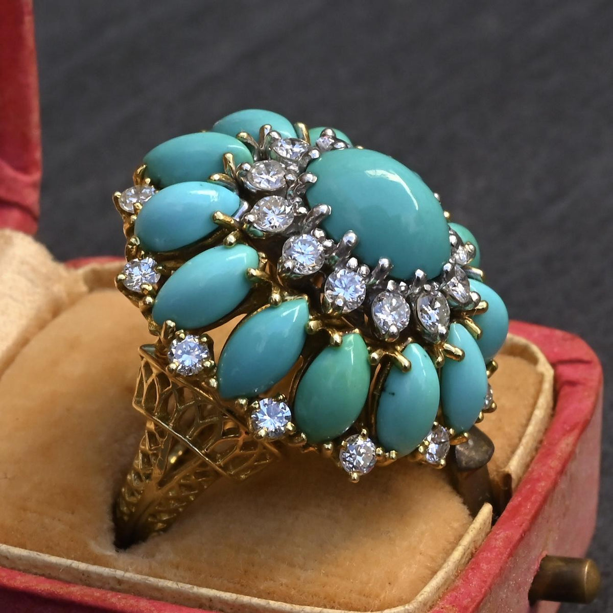 IGI Certified Mid-Century Turquoise & Diamond Statement Cocktail Ring 18K Gold