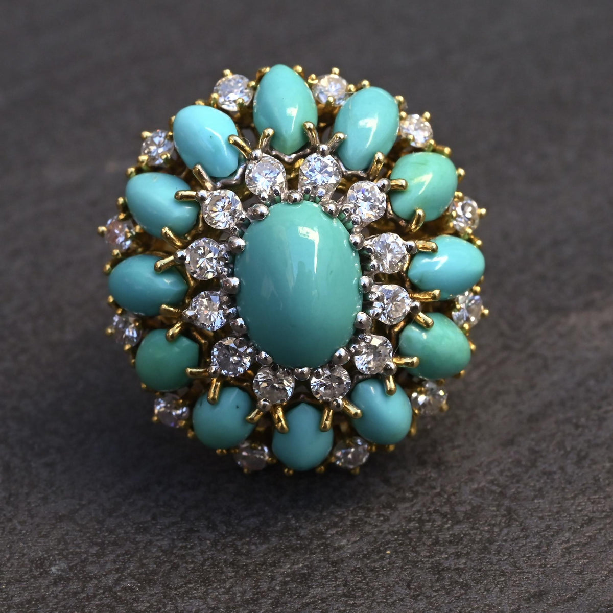 IGI Certified Mid-Century Turquoise & Diamond Statement Cocktail Ring 18K Gold