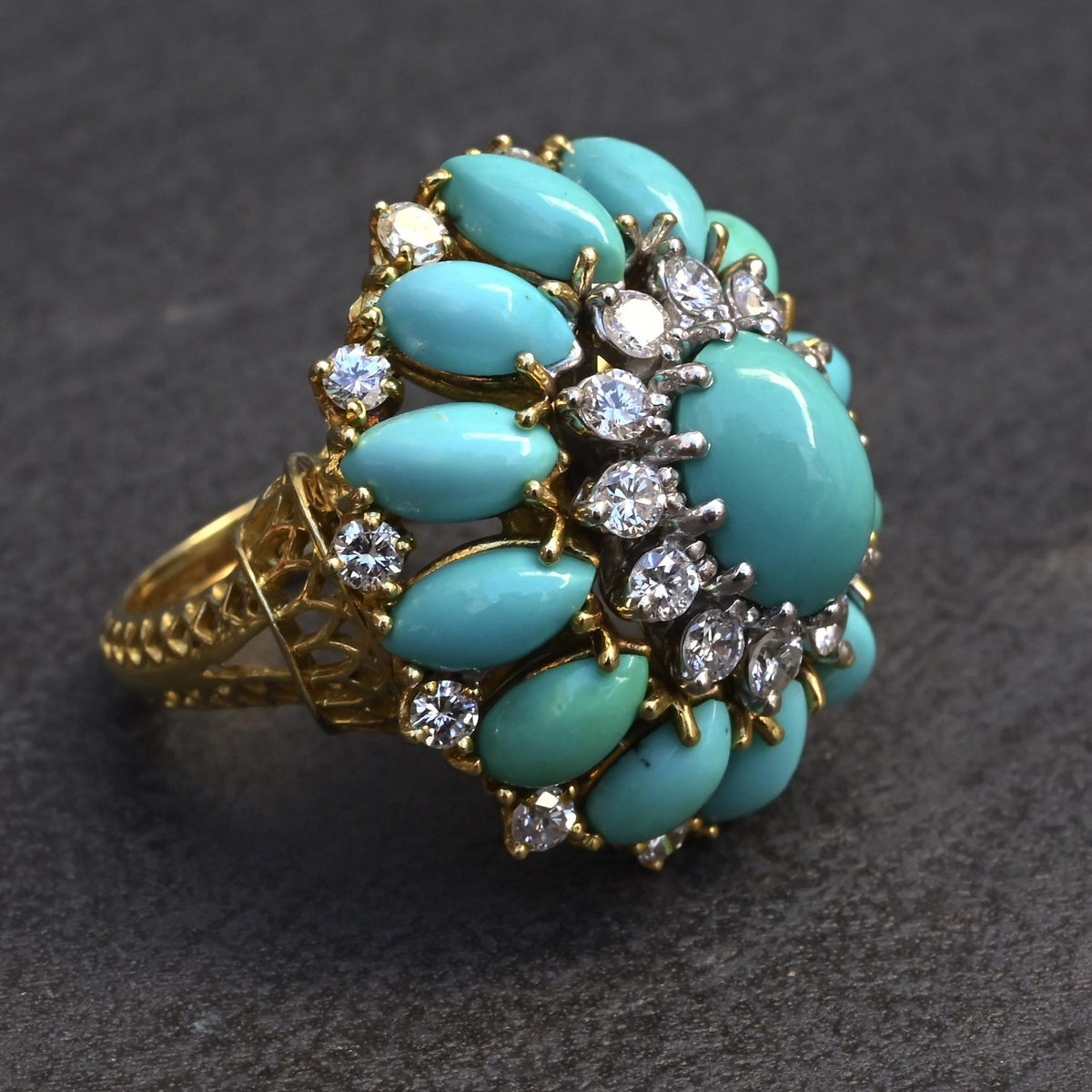 IGI Certified Mid-Century Turquoise & Diamond Statement Cocktail Ring 18K Gold