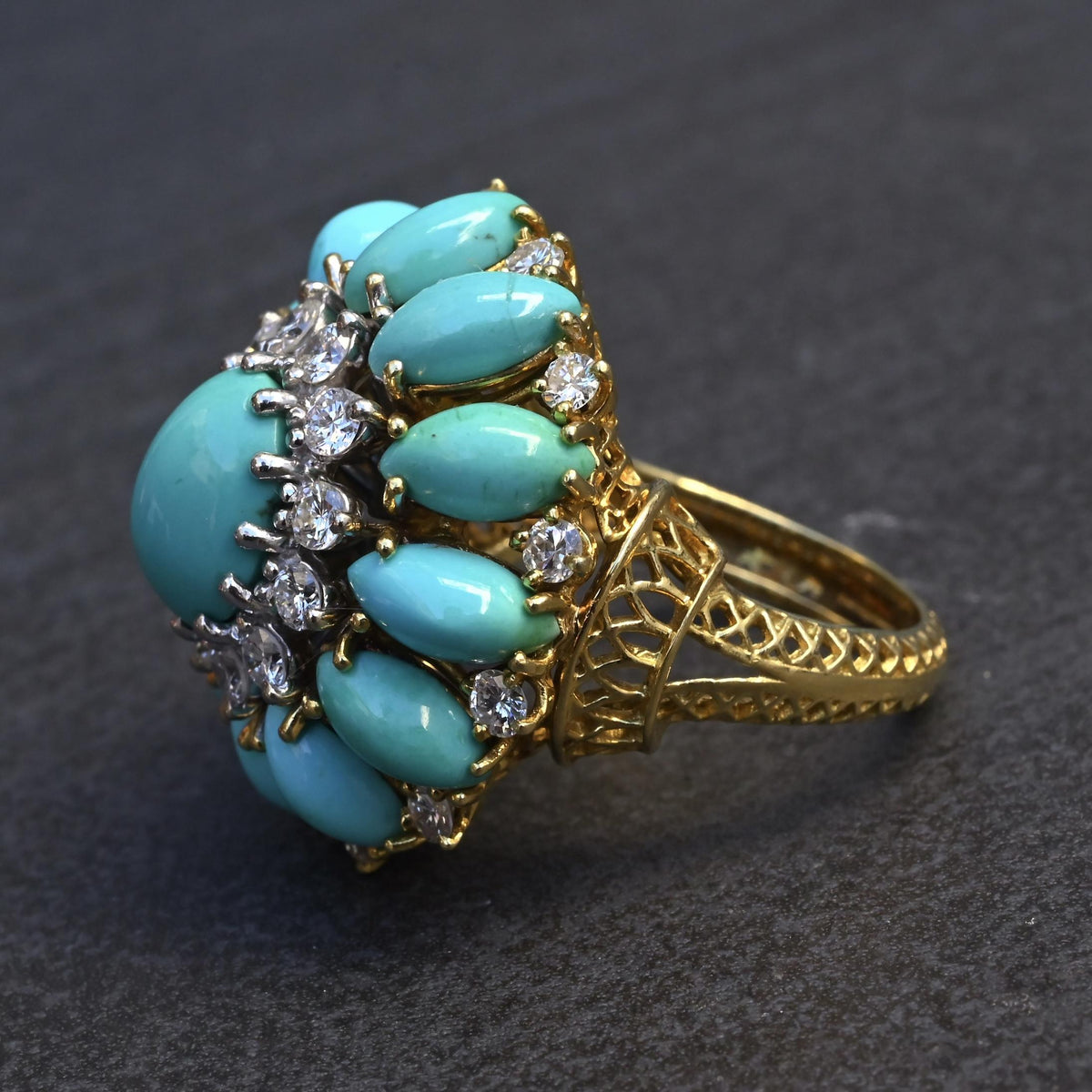 IGI Certified Mid-Century Turquoise & Diamond Statement Cocktail Ring 18K Gold