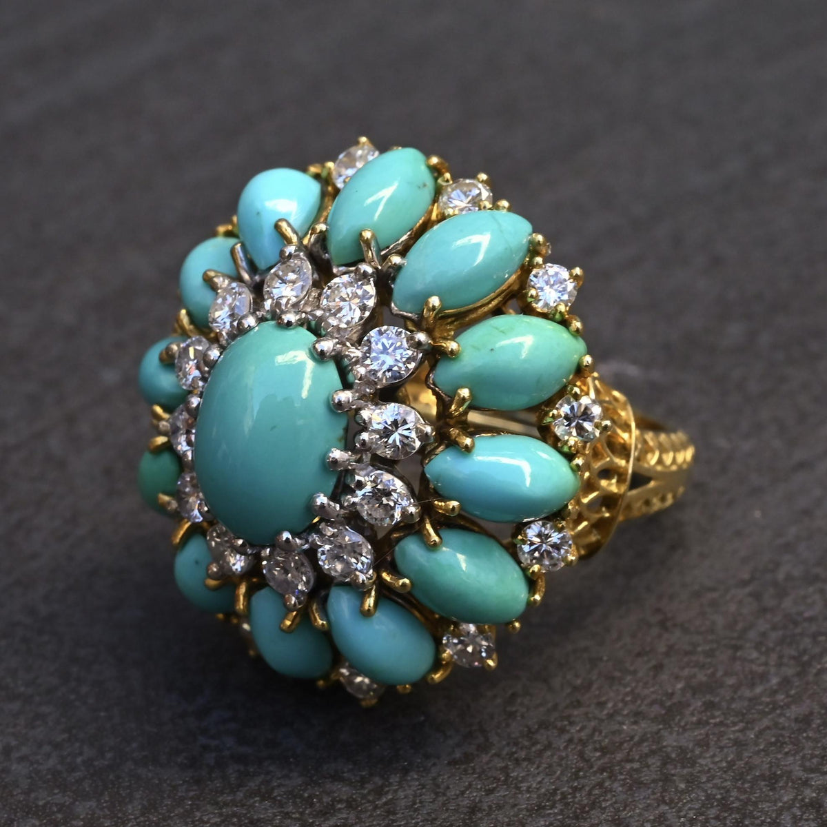 IGI Certified Mid-Century Turquoise & Diamond Statement Cocktail Ring 18K Gold