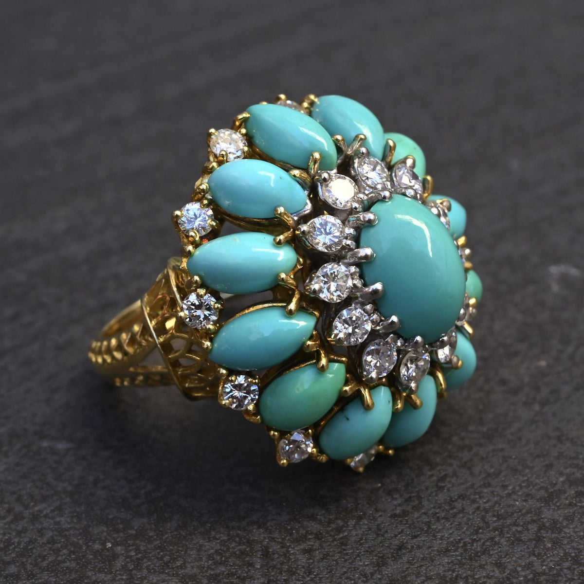 IGI Certified Mid-Century Turquoise & Diamond Statement Cocktail Ring 18K Gold