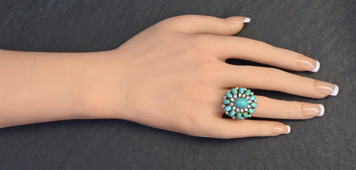 IGI Certified Mid-Century Turquoise & Diamond Statement Cocktail Ring 18K Gold