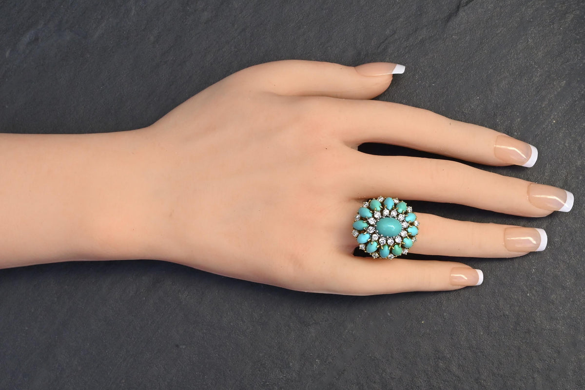 IGI Certified Mid-Century Turquoise & Diamond Statement Cocktail Ring 18K Gold
