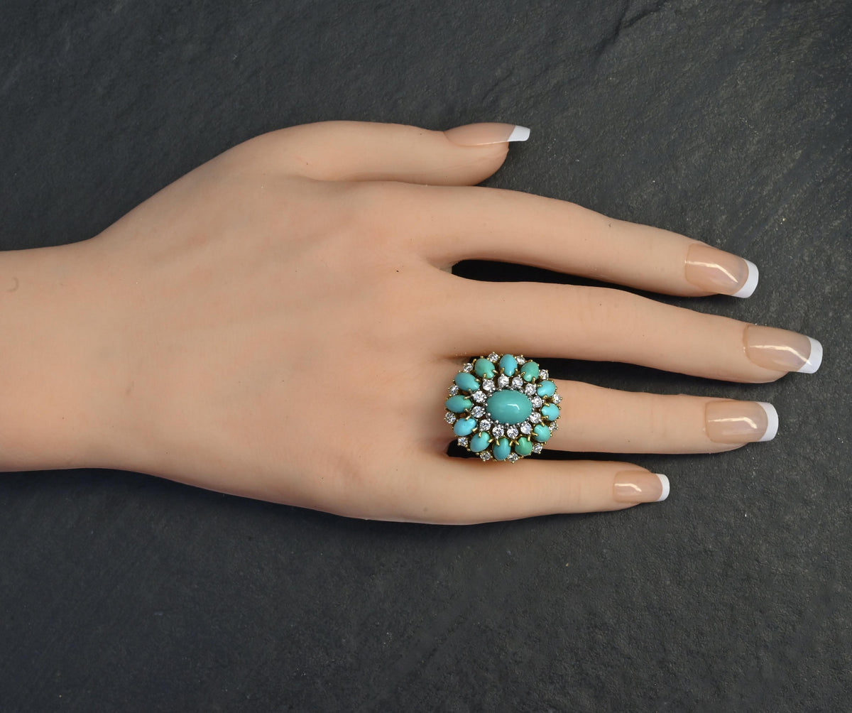 IGI Certified Mid-Century Turquoise & Diamond Statement Cocktail Ring 18K Gold
