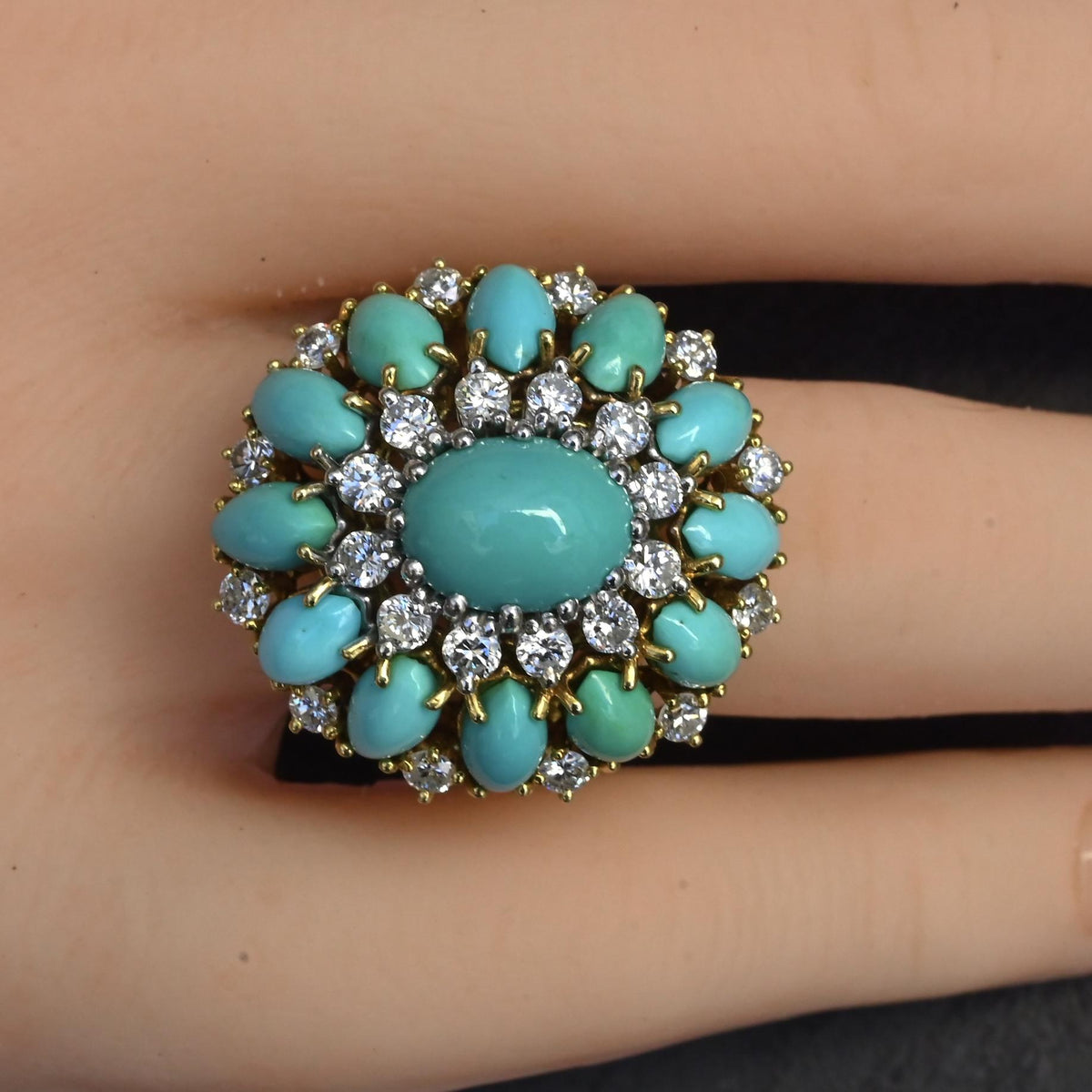 IGI Certified Mid-Century Turquoise & Diamond Statement Cocktail Ring 18K Gold