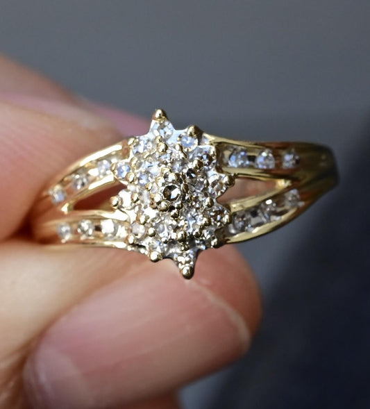 IGI Certified 14K Yellow & White Gold Diamond Cluster Ring – 0.25ct, Size 6.75
