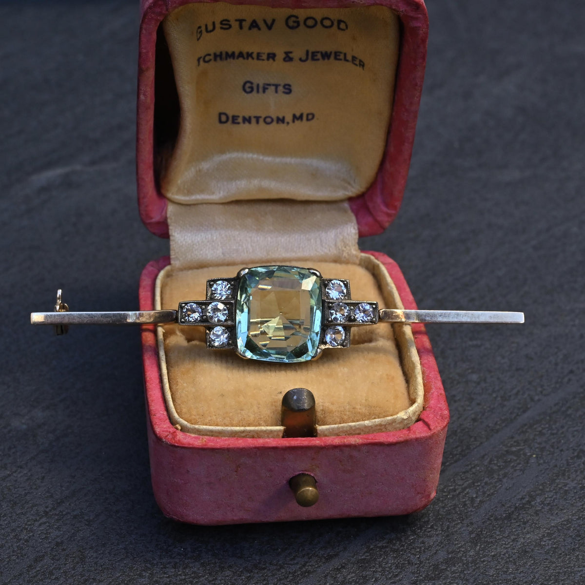 IGI Certified Antique Green Beryl & White Sapphire Bar Brooch 10K Gold & Silver