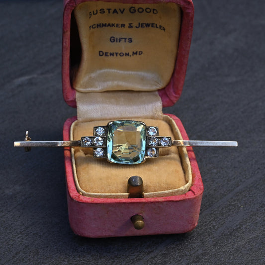 IGI Certified Antique Green Beryl & White Sapphire Bar Brooch 10K Gold & Silver