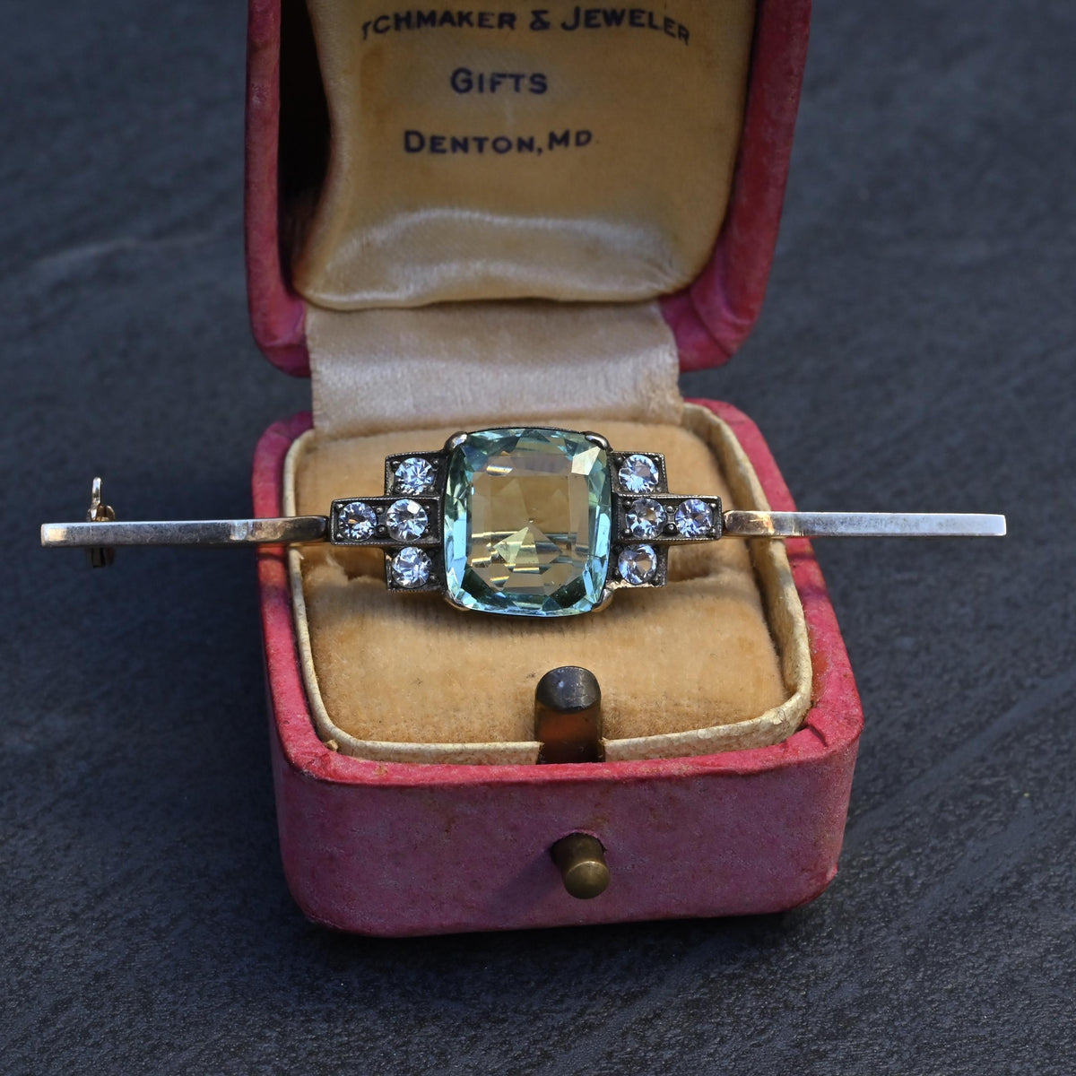 IGI Certified Antique Green Beryl & White Sapphire Bar Brooch 10K Gold & Silver