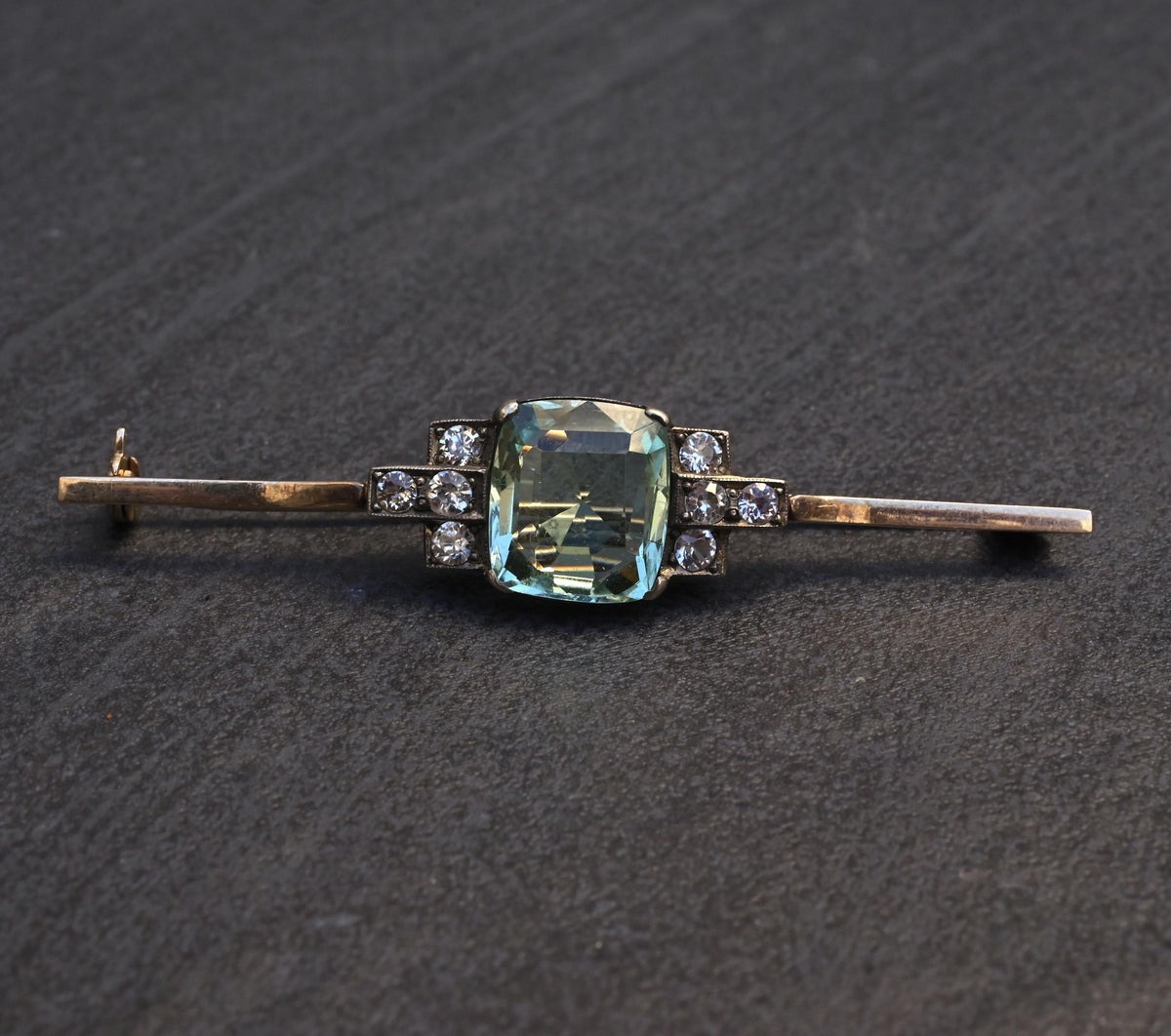 IGI Certified Antique Green Beryl & White Sapphire Bar Brooch 10K Gold & Silver