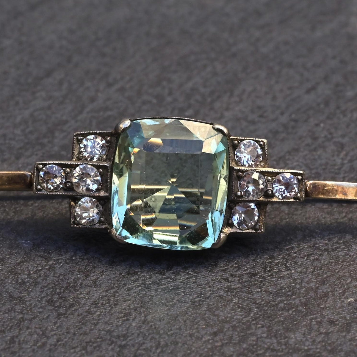 IGI Certified Antique Green Beryl & White Sapphire Bar Brooch 10K Gold & Silver