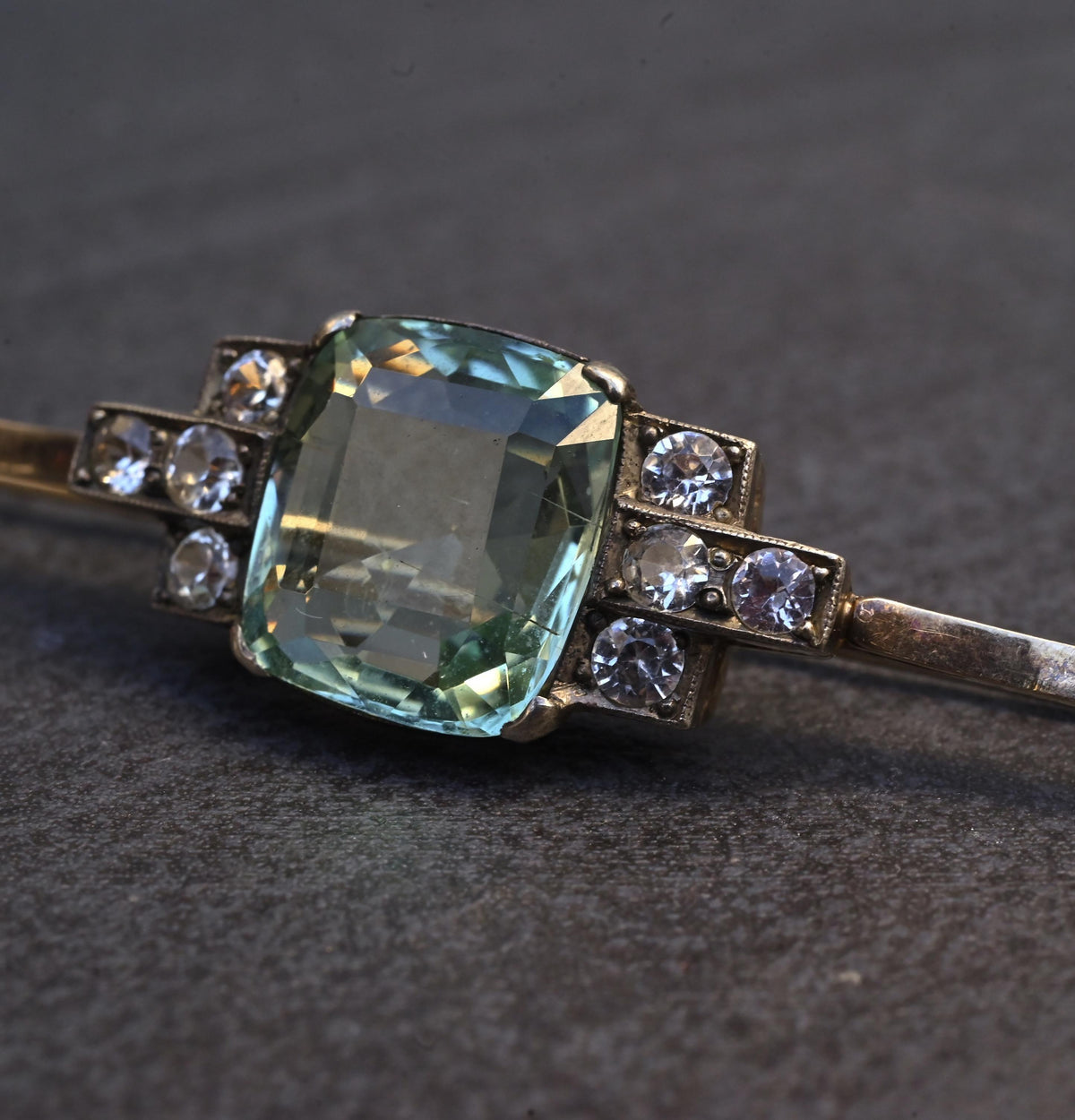 IGI Certified Antique Green Beryl & White Sapphire Bar Brooch 10K Gold & Silver