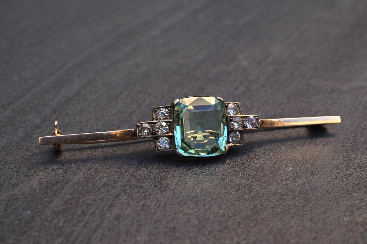 IGI Certified Antique Green Beryl & White Sapphire Bar Brooch 10K Gold & Silver