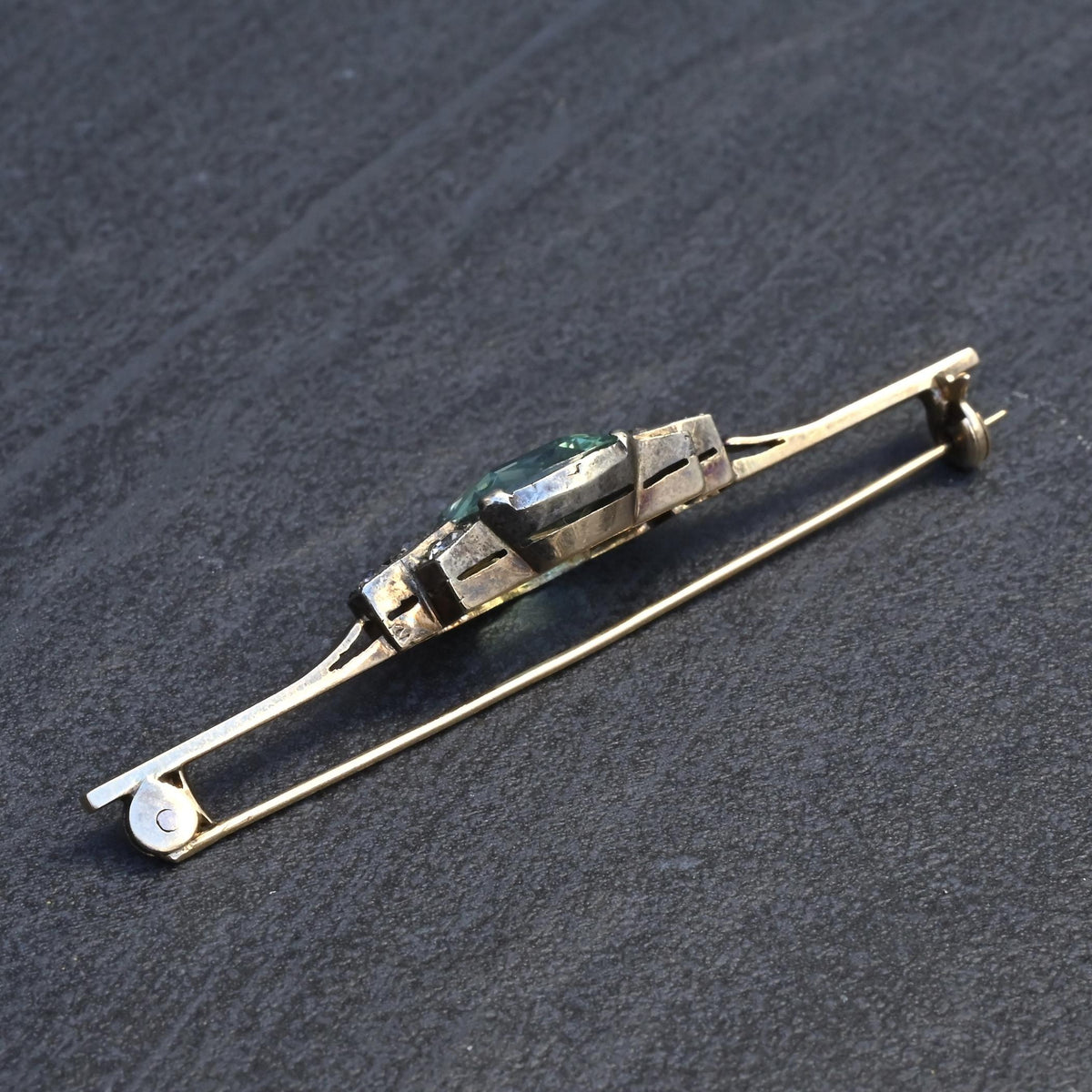 IGI Certified Antique Green Beryl & White Sapphire Bar Brooch 10K Gold & Silver