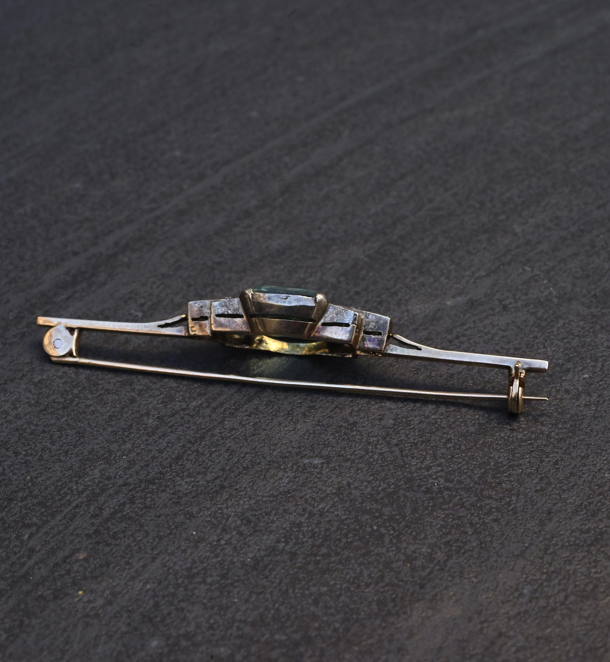 IGI Certified Antique Green Beryl & White Sapphire Bar Brooch 10K Gold & Silver