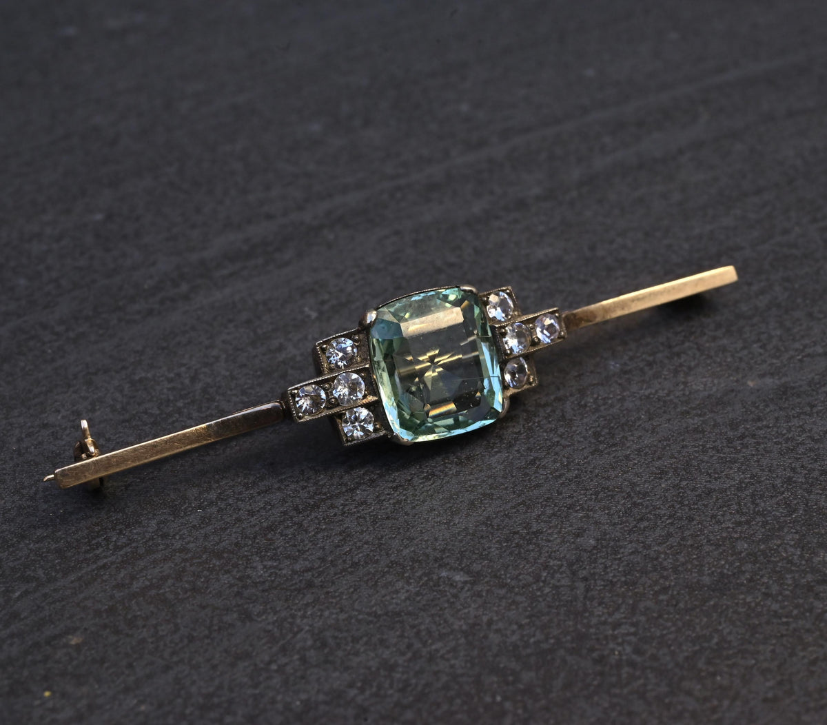 IGI Certified Antique Green Beryl & White Sapphire Bar Brooch 10K Gold & Silver