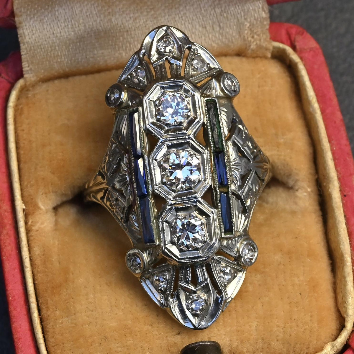 IGI Certified Art Deco Diamond Shield Ring 18K White Gold Gold Ring Size 6.5