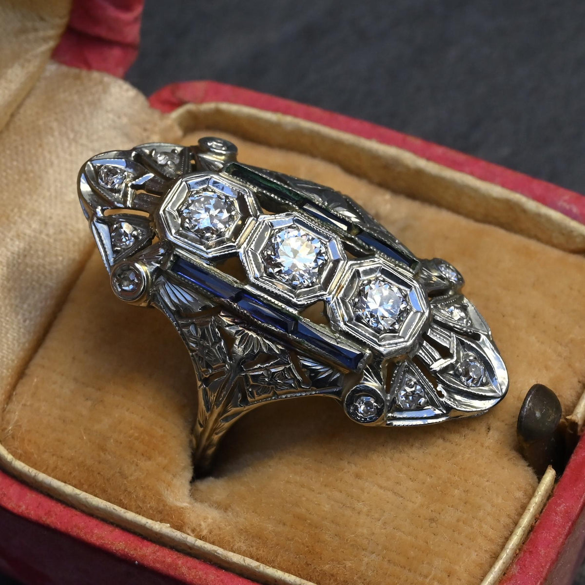 IGI Certified Art Deco Diamond Shield Ring 18K White Gold Gold Ring Size 6.5