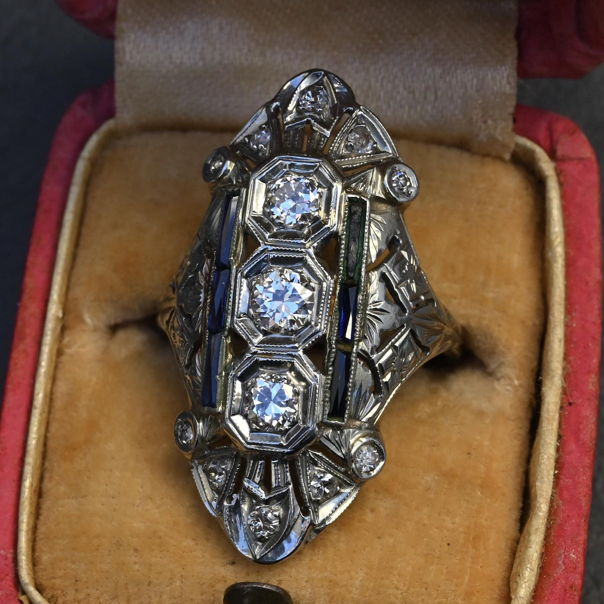 IGI Certified Art Deco Diamond Shield Ring 18K White Gold Gold Ring Size 6.5