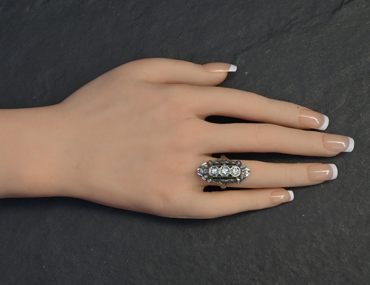 IGI Certified Art Deco Diamond Shield Ring 18K White Gold Gold Ring Size 6.5
