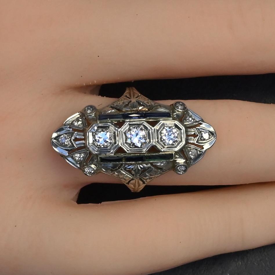 IGI Certified Art Deco Diamond Shield Ring 18K White Gold Gold Ring Size 6.5