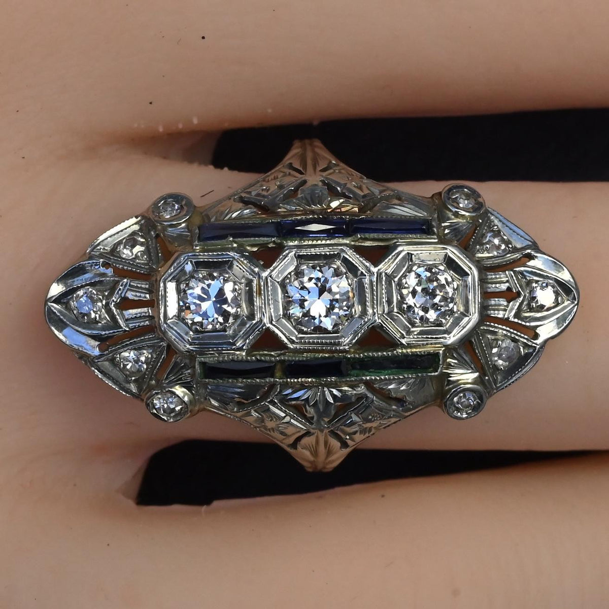 IGI Certified Art Deco Diamond Shield Ring 18K White Gold Gold Ring Size 6.5
