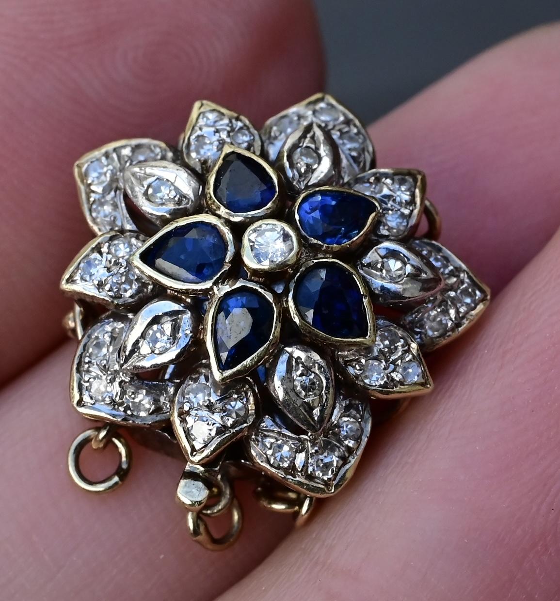 Vintage 14K Yellow White Gold Floral Bracelet Clasp with Sapphires Diamonds