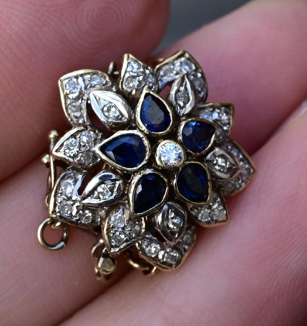 Vintage 14K Yellow White Gold Floral Bracelet Clasp with Sapphires Diamonds