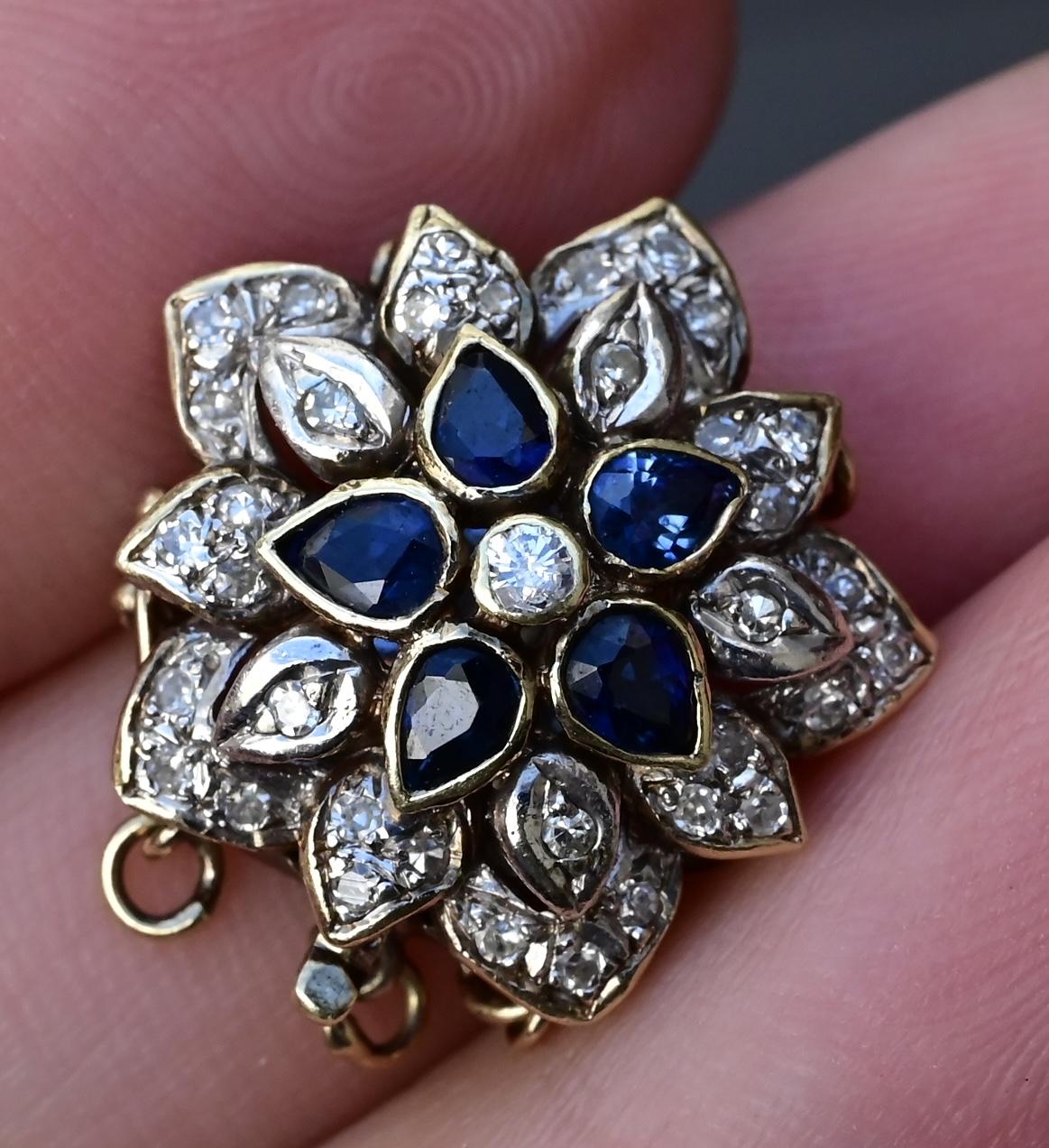 Vintage 14K Yellow White Gold Floral Bracelet Clasp with Sapphires Diamonds
