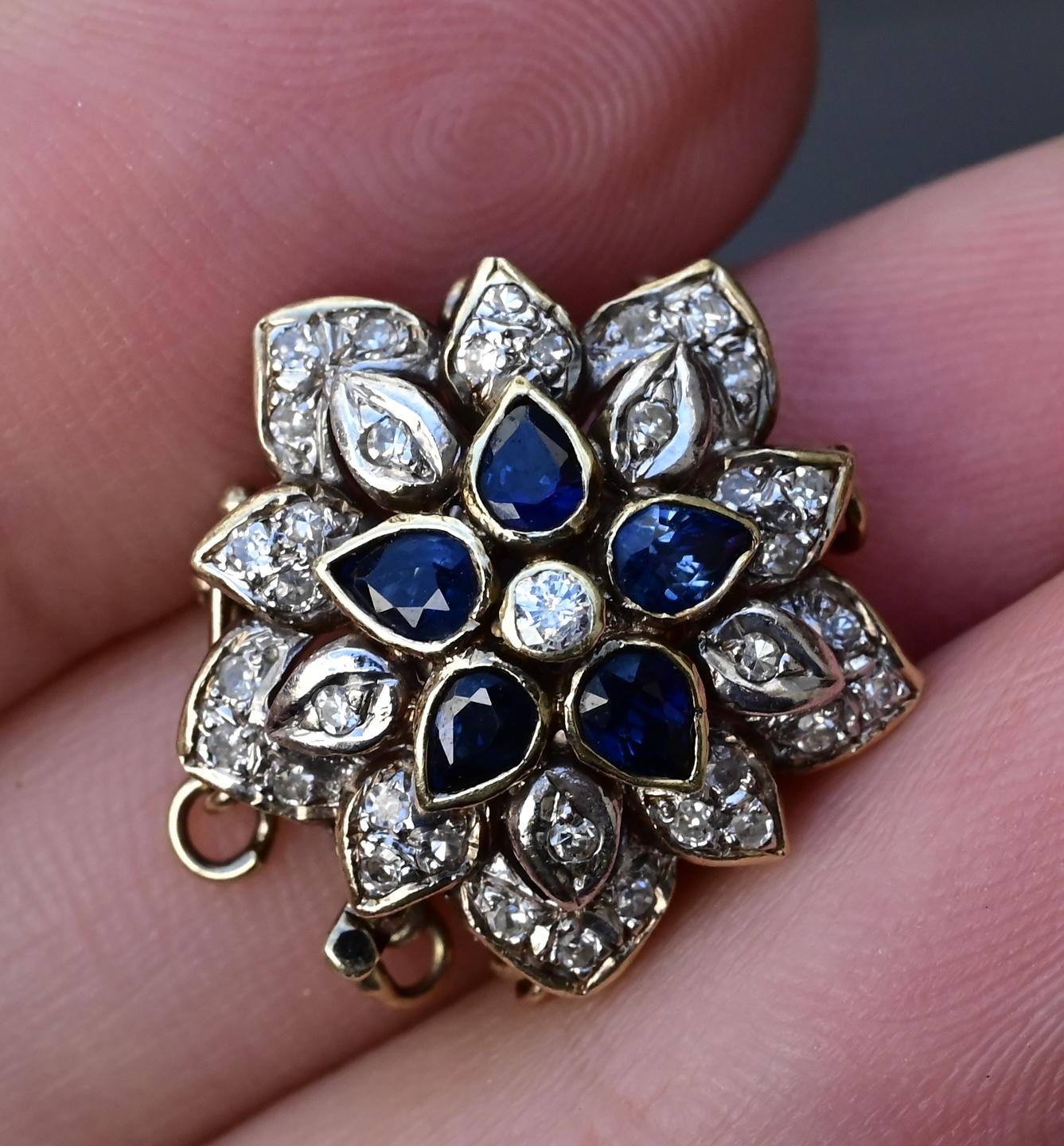 Vintage 14K Yellow White Gold Floral Bracelet Clasp with Sapphires Diamonds