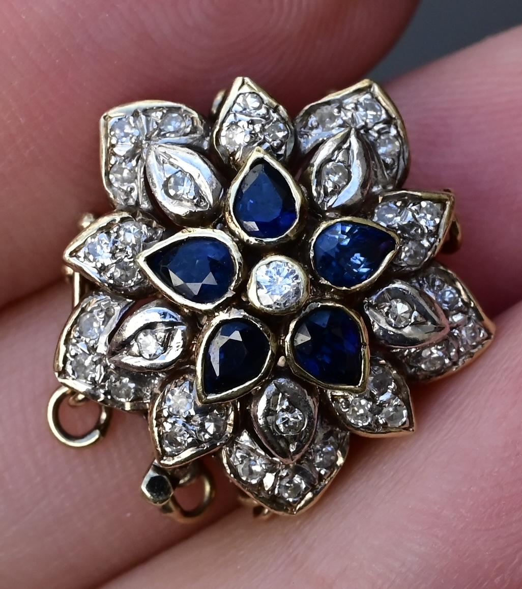 Vintage 14K Yellow White Gold Floral Bracelet Clasp with Sapphires Diamonds