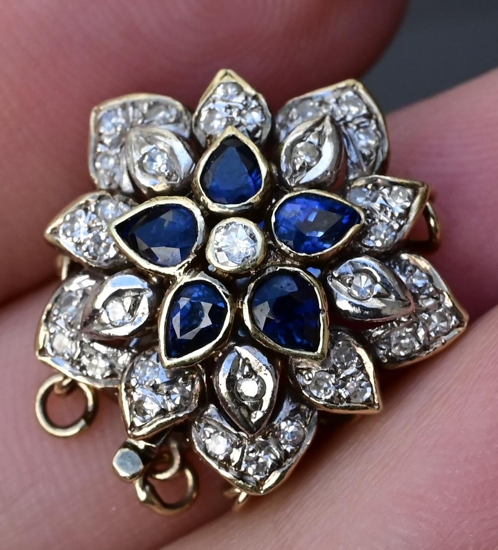 Vintage 14K Yellow White Gold Floral Bracelet Clasp with Sapphires Diamonds
