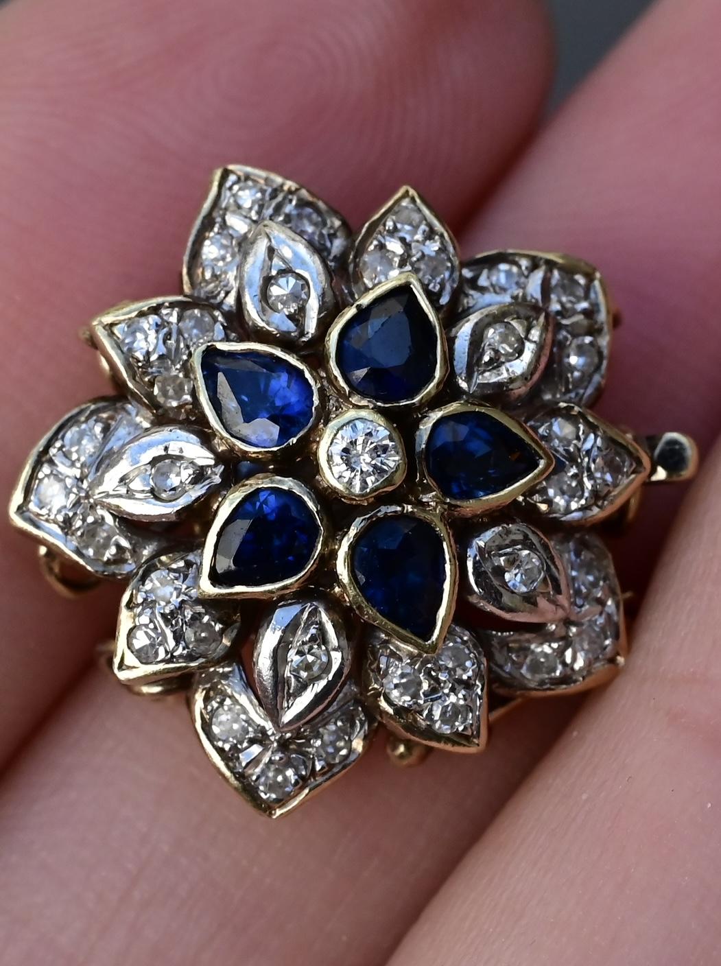 Vintage 14K Yellow White Gold Floral Bracelet Clasp with Sapphires Diamonds