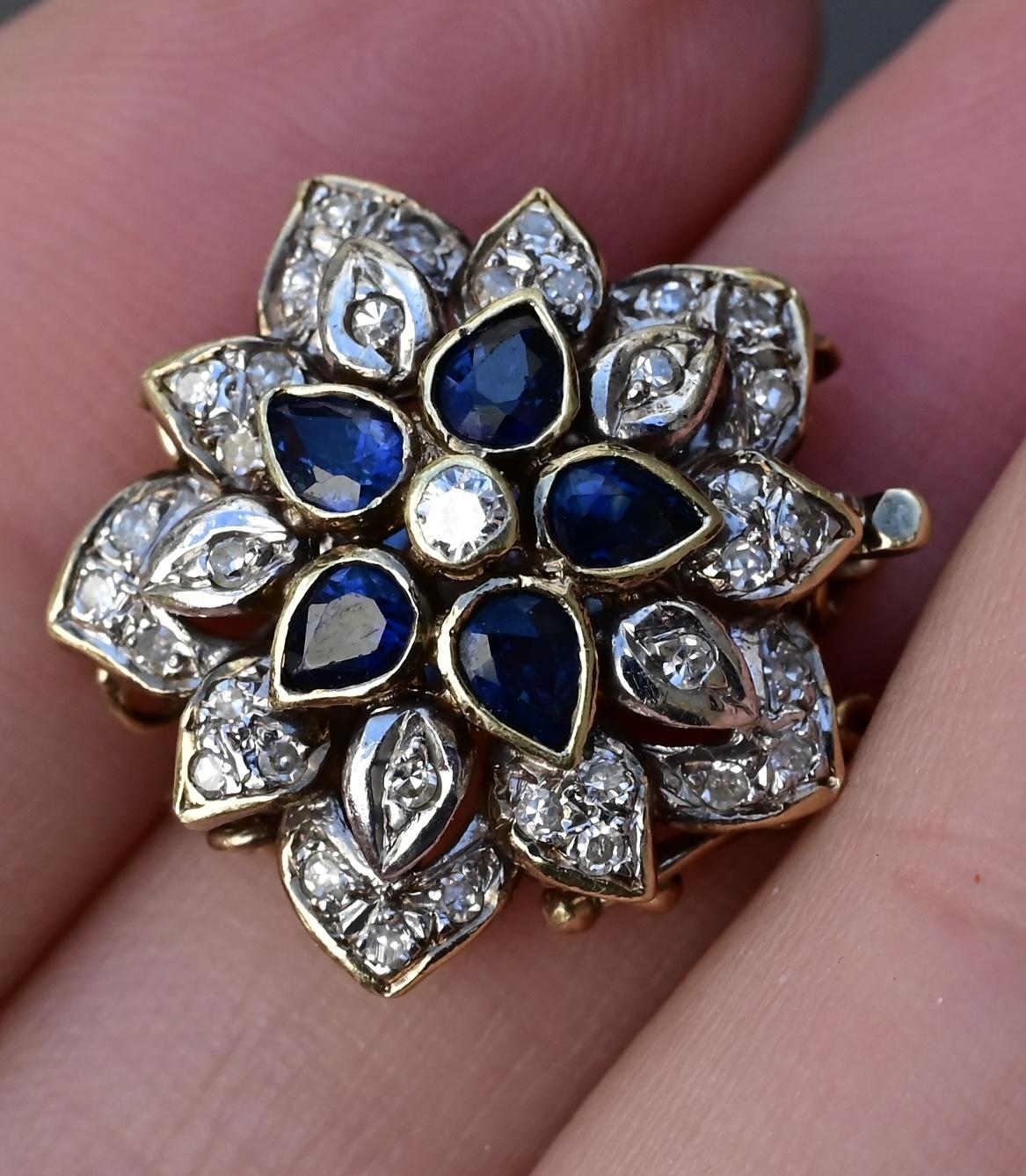 Vintage 14K Yellow White Gold Floral Bracelet Clasp with Sapphires Diamonds