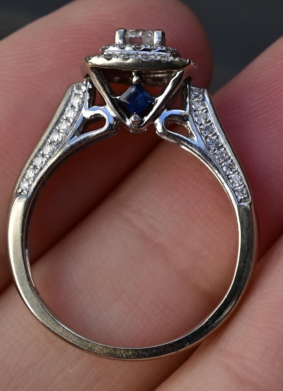 10K White Gold Diamond Ring with Blue Gemstones, 0.45 TCW, Size 6.75