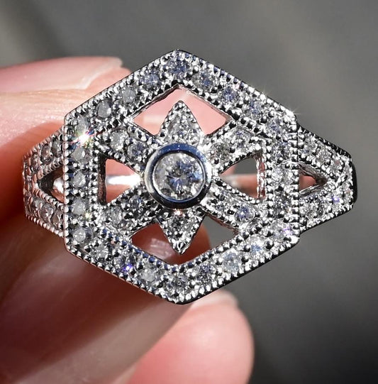 IGI Certified 14K White Gold Geometric Diamond Ring – 0.75 TCW, Size 8