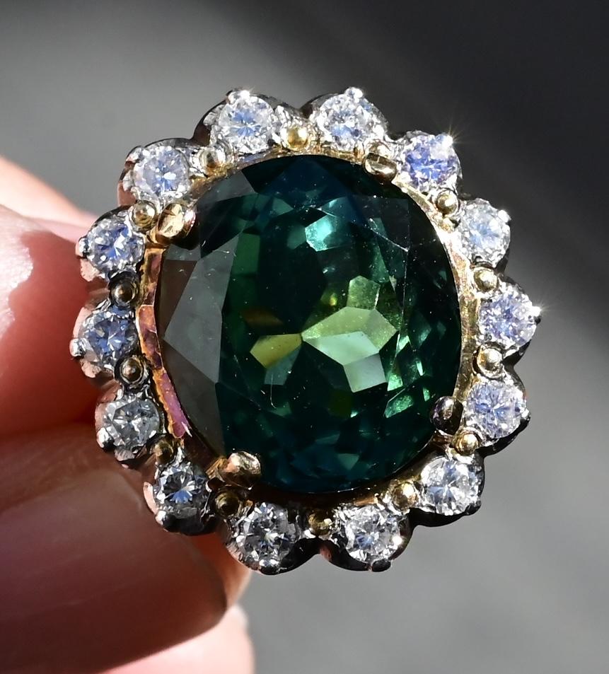 18K Gold 11.77ct Green Tourmaline & Diamond Halo Ring – 12.75g, Size 5.25