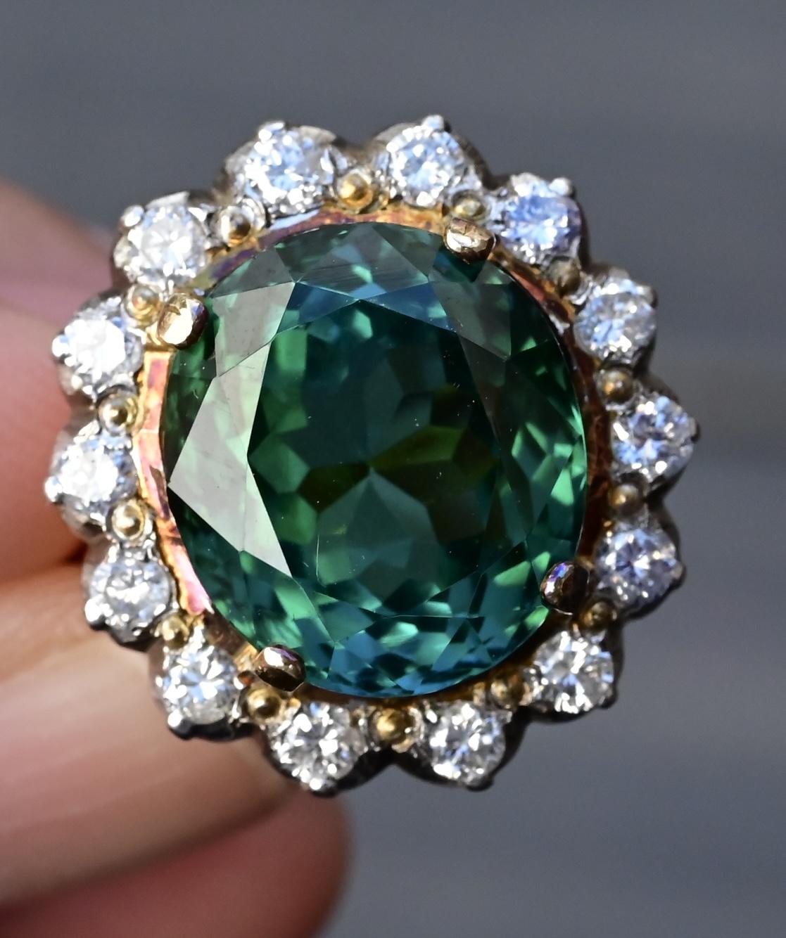 18K Gold 11.77ct Green Tourmaline & Diamond Halo Ring – 12.75g, Size 5.25