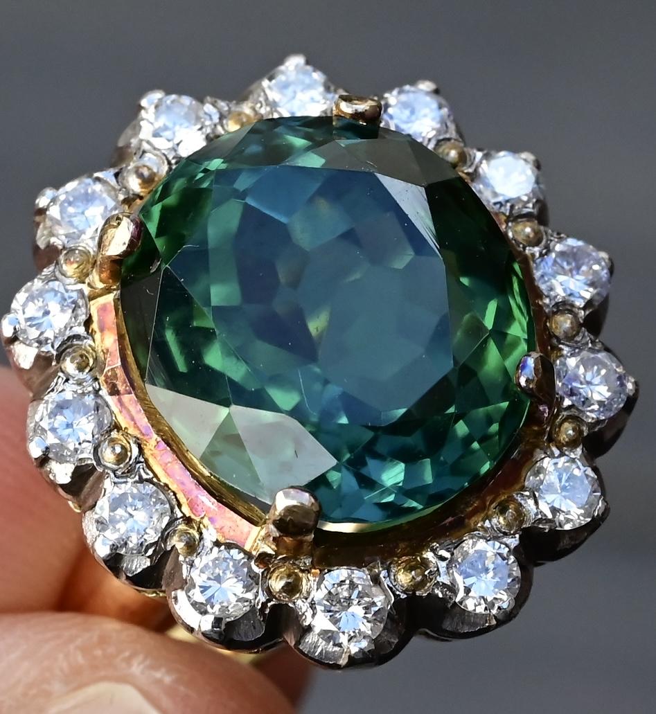 18K Gold 11.77ct Green Tourmaline & Diamond Halo Ring – 12.75g, Size 5.25