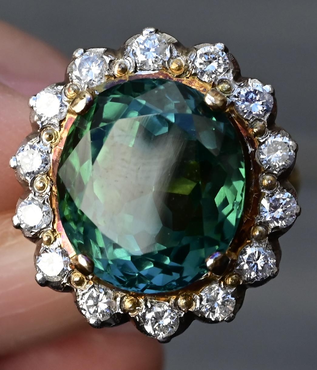 18K Gold 11.77ct Green Tourmaline & Diamond Halo Ring – 12.75g, Size 5.25