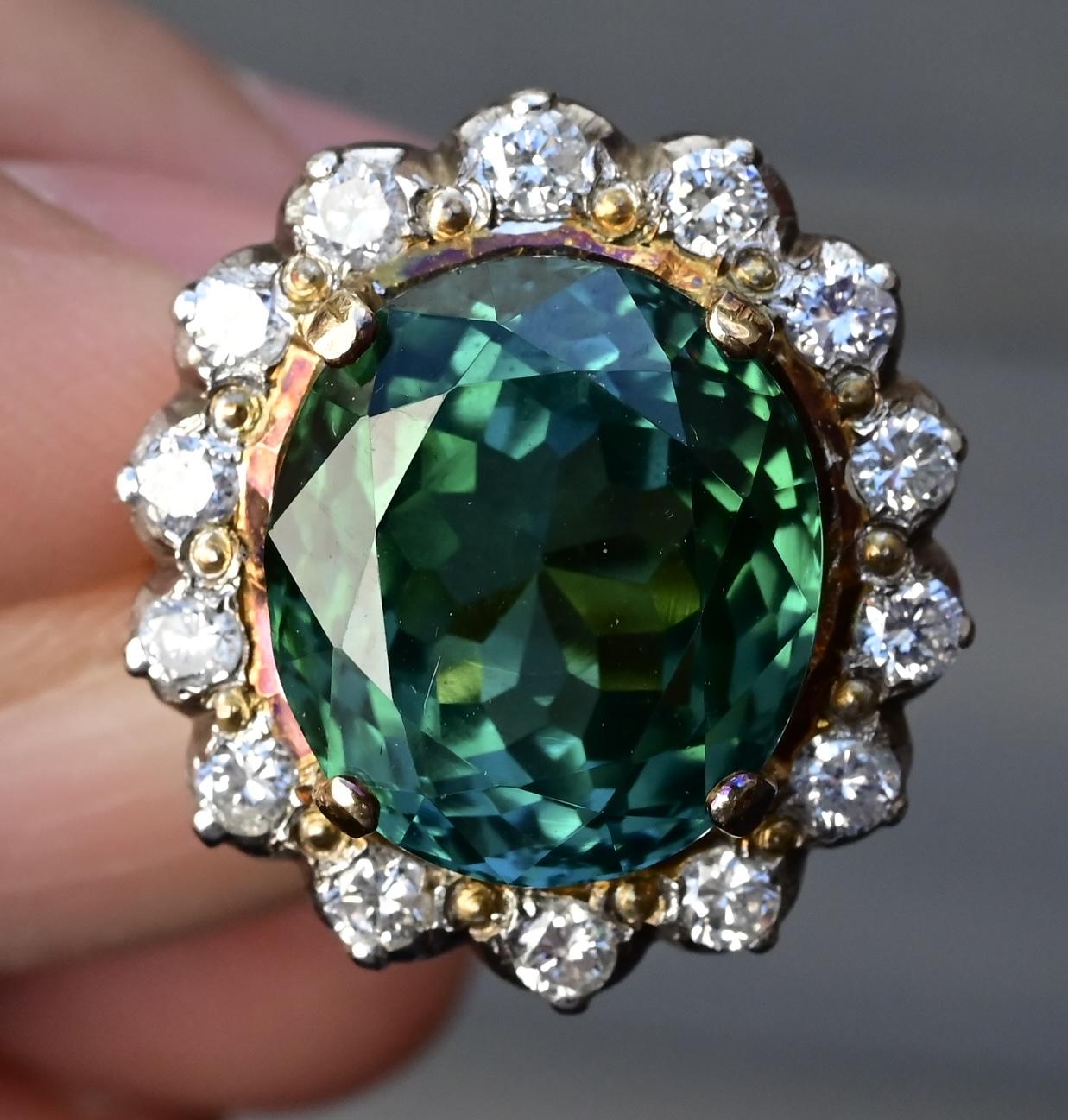 18K Gold 11.77ct Green Tourmaline & Diamond Halo Ring – 12.75g, Size 5.25