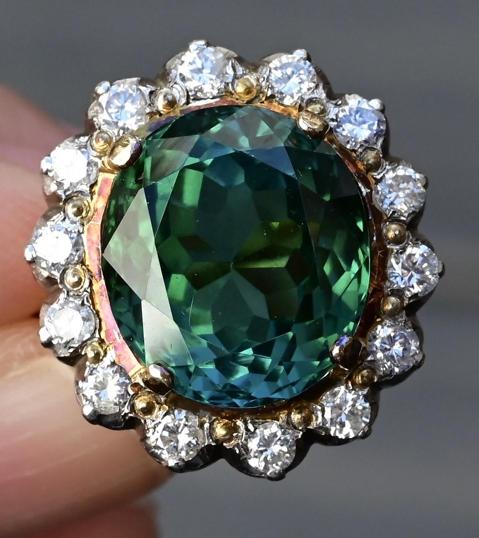 18K Gold 11.77ct Green Tourmaline & Diamond Halo Ring – 12.75g, Size 5.25