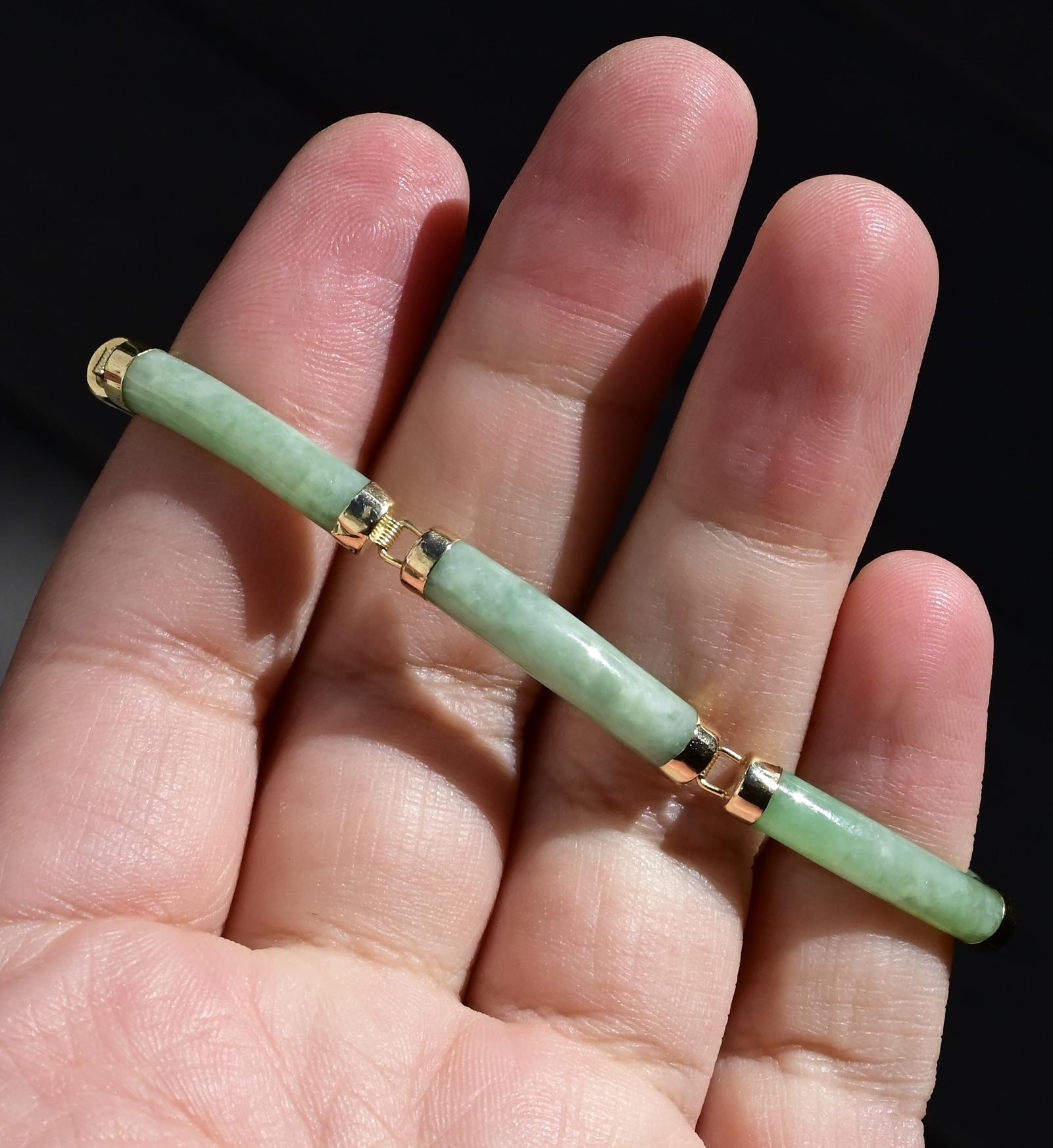 14K Gold & Green Jade Barrel Link Bracelet – 7.25”