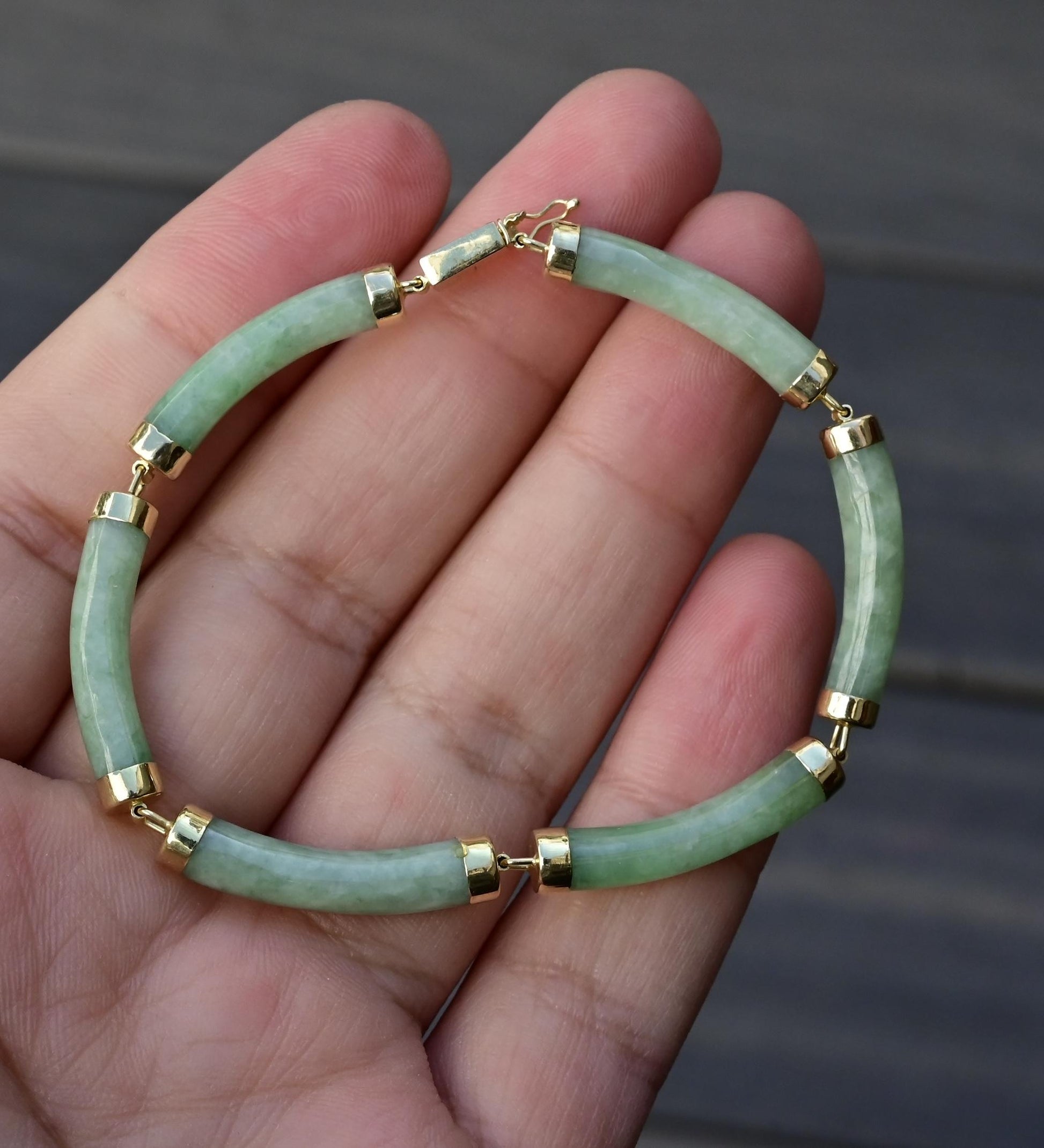 14K Gold & Green Jade Barrel Link Bracelet – 7.25”