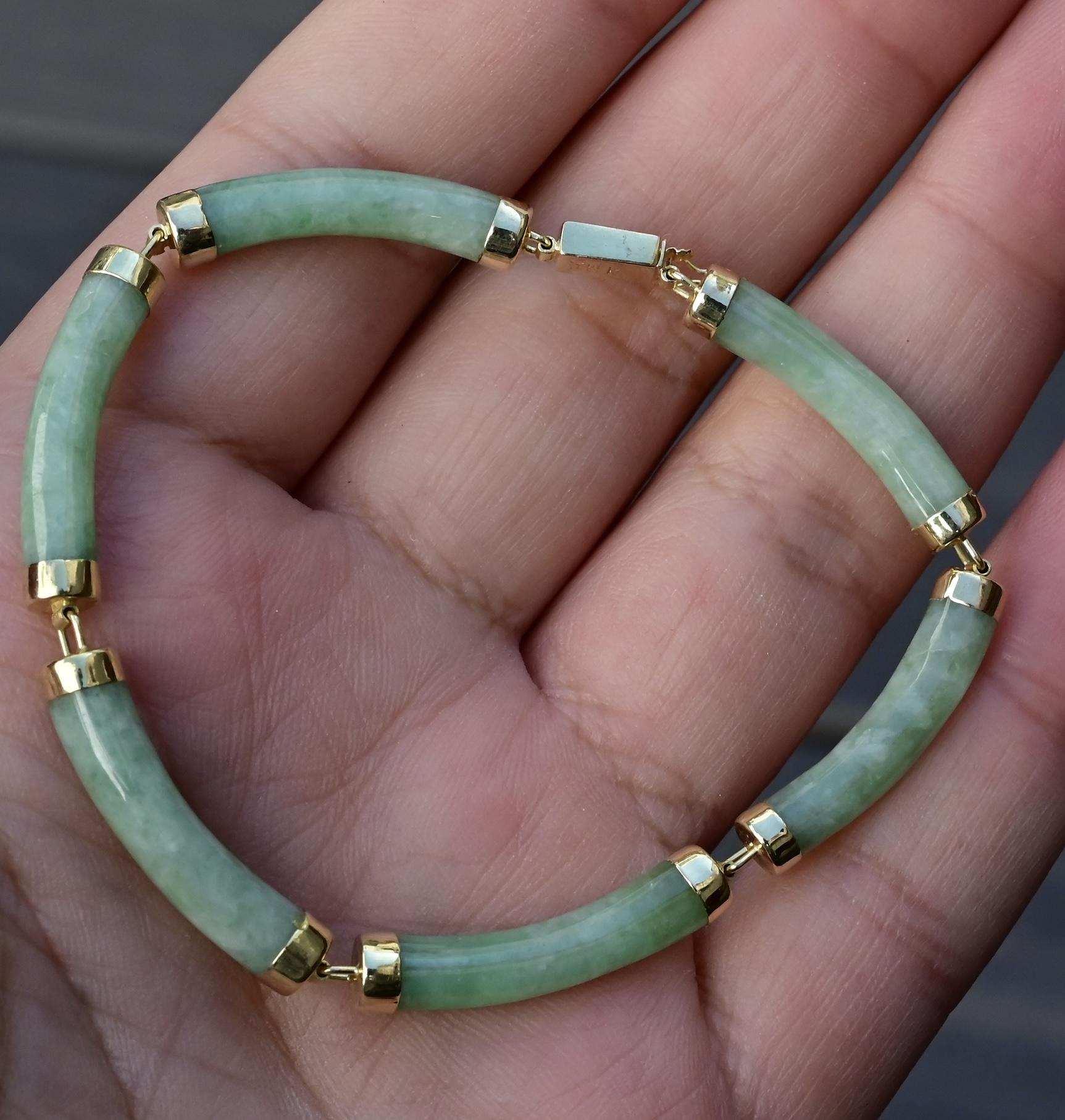 14K Gold & Green Jade Barrel Link Bracelet – 7.25”