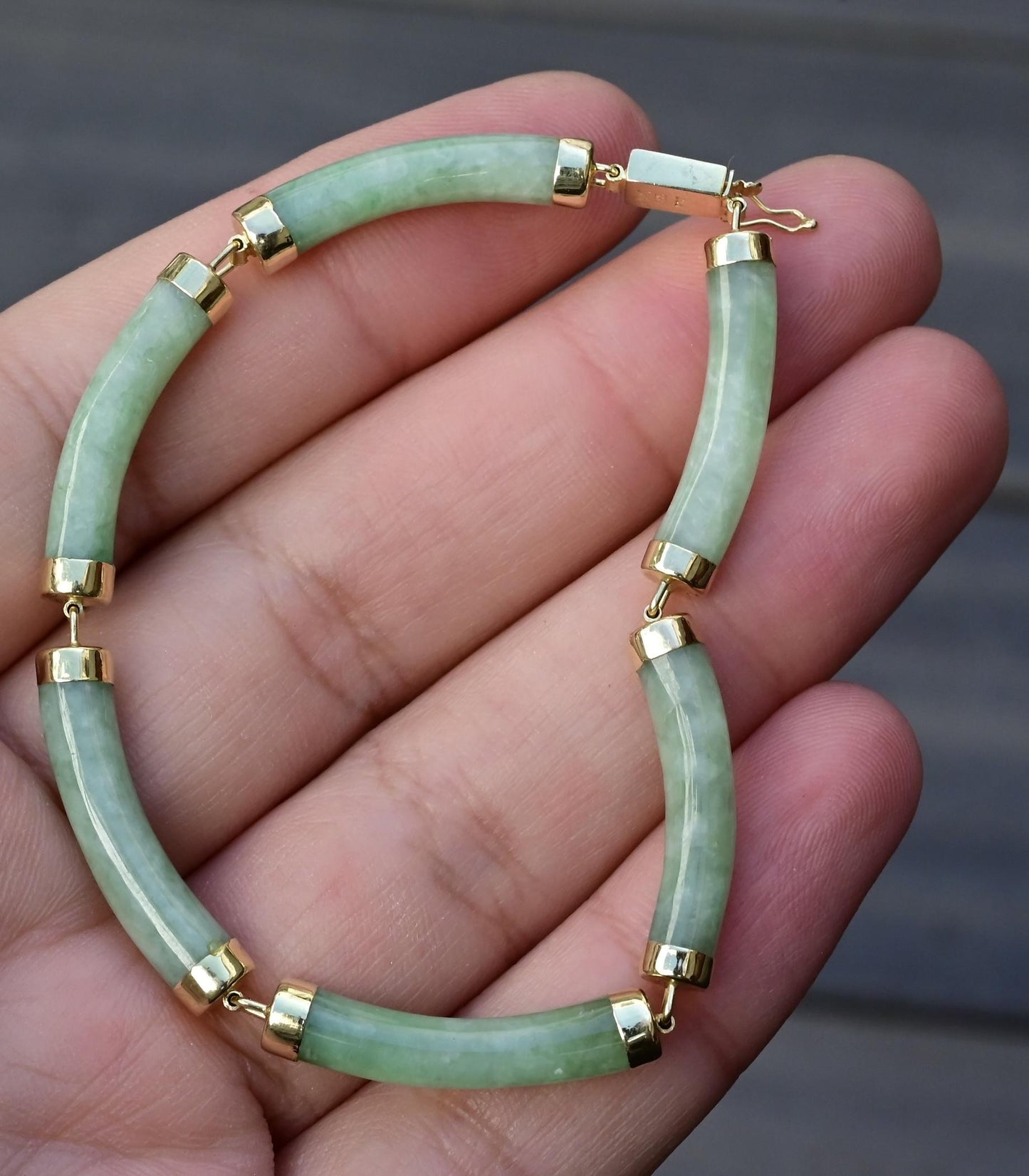 14K Gold & Green Jade Barrel Link Bracelet – 7.25”