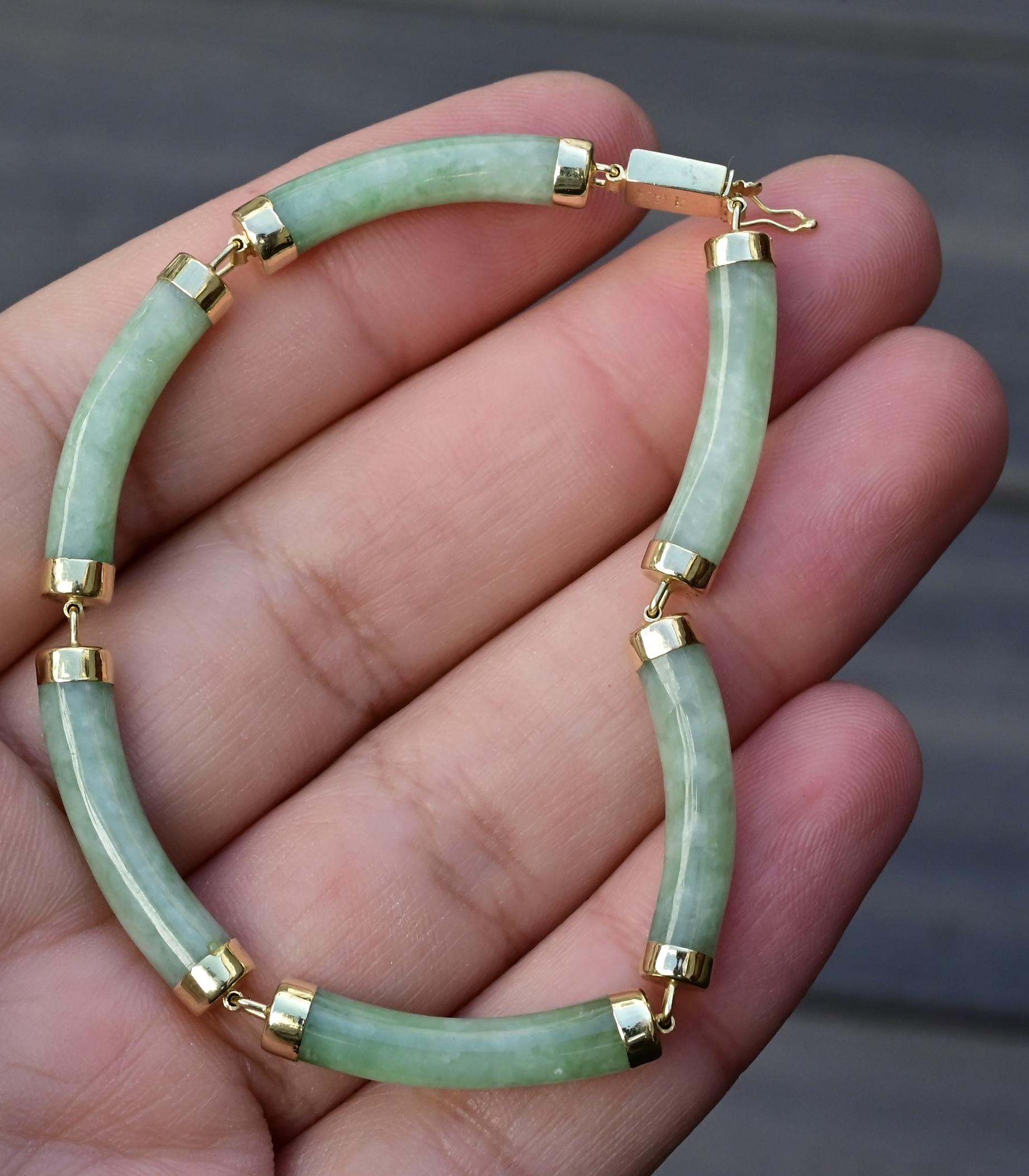 14K Gold & Green Jade Barrel Link Bracelet – 7.25”