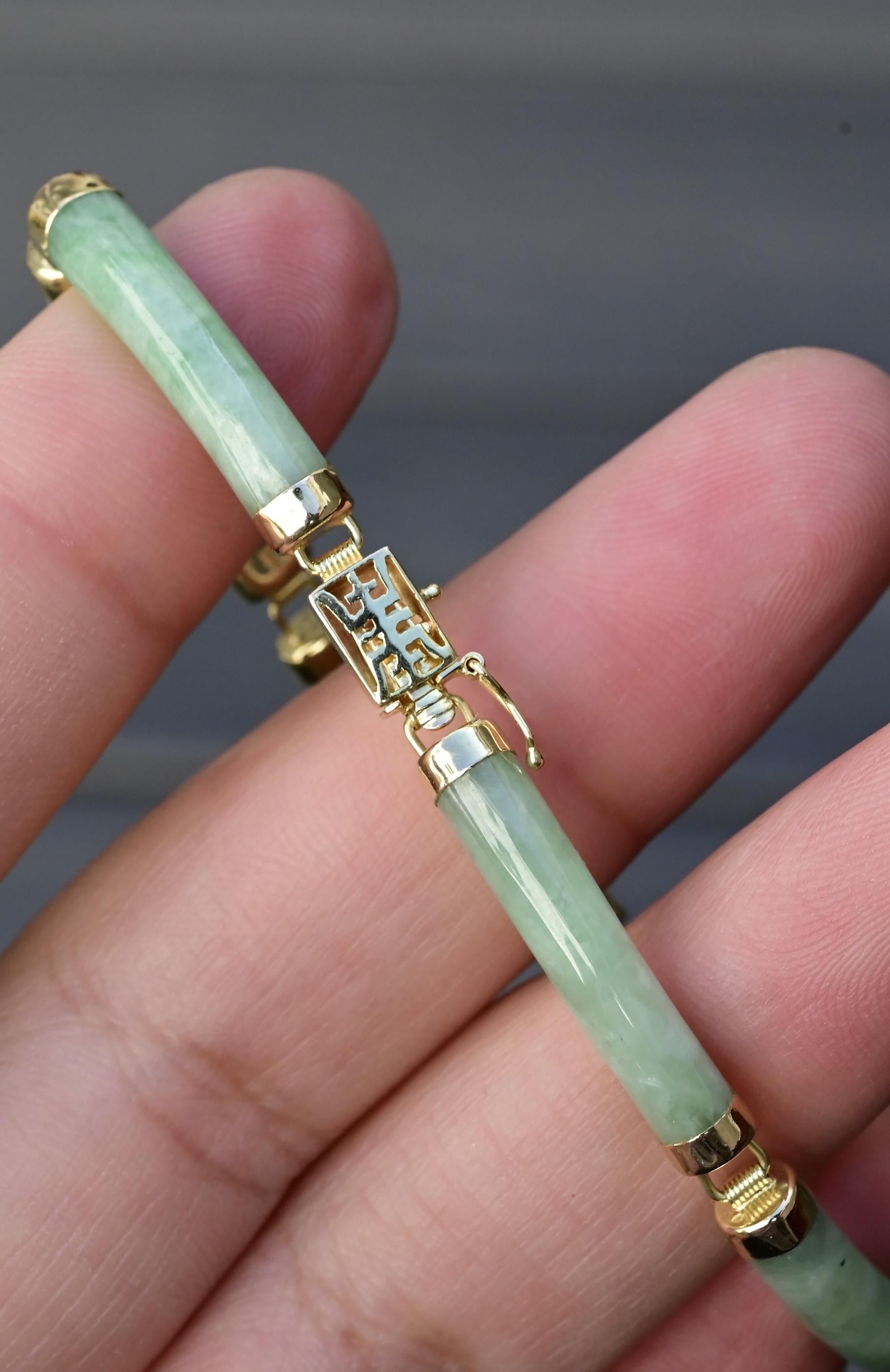 14K Gold & Green Jade Barrel Link Bracelet – 7.25”