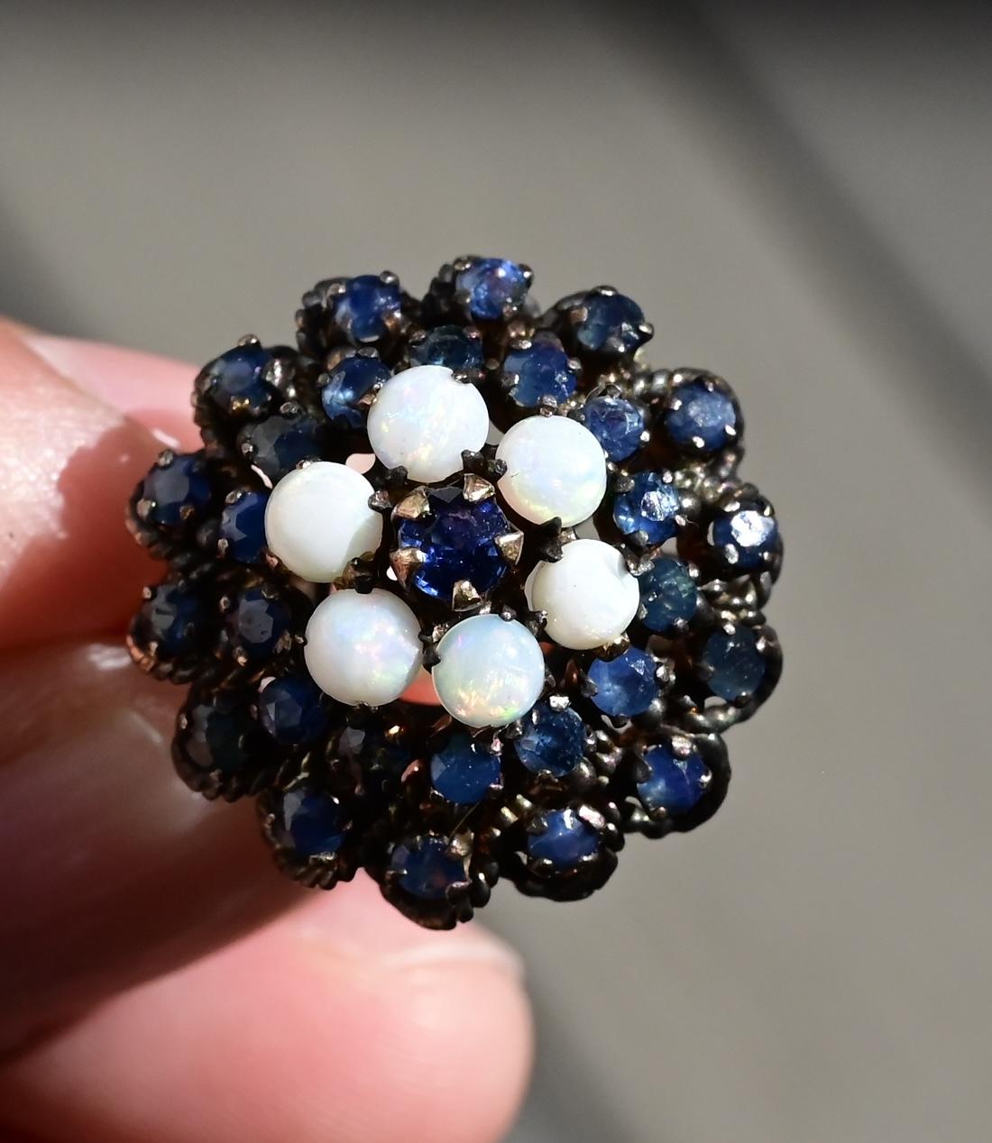Vintage 14K Yellow Gold Sapphire & Opal Cluster Ring – Size 6.25